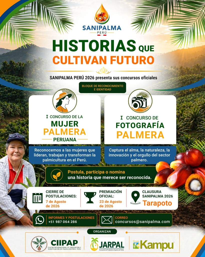 Flyer oficial de los concursos SANIPALMA PERÚ 2026: Mujer Palmera Peruana y Fotografía Palmera